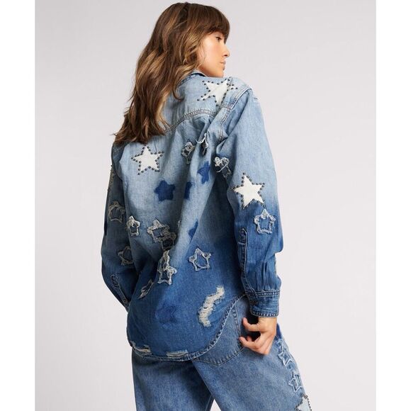 New Free People x One Teaspoon JOHNNY BLUE STAR CLASSIC EVERYDAY SHIRT Size S - Picture 5 of 14